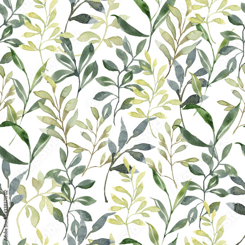 Beautiful seamless pattern with watercolor foliage. Hand painted illustration. Green branches and leaves. Best for background  wallpaper  wrapping paper  textile  bedding fabric  prins  fashion design