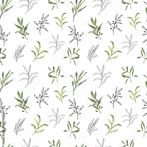 Fototapeta Naklejka Na Ścianę i Meble -  Beautiful seamless pattern with watercolor foliage. Hand painted illustration. Green branches and leaves. Best for background, wallpaper, wrapping paper, textile, bedding fabric, prins, fashion design