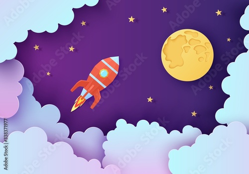 Night sky and red rocket in paper cut style. Cut out 3d background with violet and blue gradient cloudy landscape with stars and full moon papercut art. Cute vector origami clouds and spaceship.