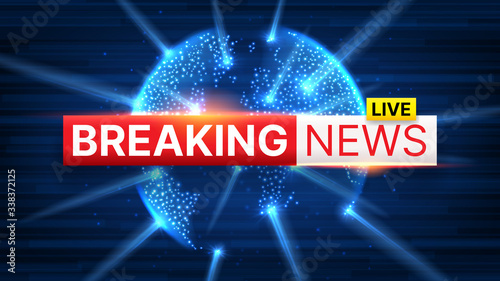 Breaking News banner concept. World Global TV news background design. Banner template for broadcast channels or internet TV. Vector illustration with 3d world globe with beams on blue background.