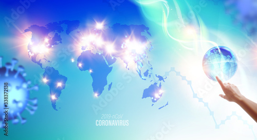 Science illustration with Finger of human hand pointing to planet earth. Epidemic blue science background. Blue infographic with DNA. Coronavirus disease nCov infection. Vector illustration.