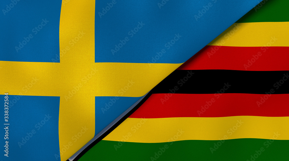Obraz premium The flags of Sweden and Zimbabwe. News, reportage, business background. 3d illustration