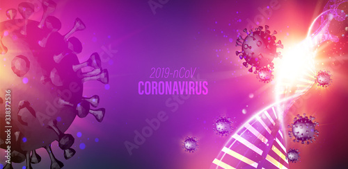 Computer model of Coronavirus in futuristic rays inside human DNA genome over violet background. 3d model of virus 19-nCov. Medical illustration.