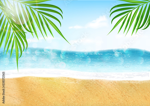 Hello summer, sale banner, tropical leaves, sea and sand realistic, vector illustration, travel banner