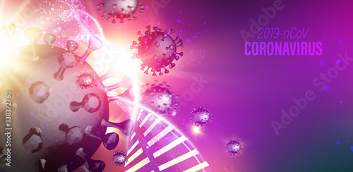 Computer model of Coronavirus in futuristic red rays over dark background and dna molecule. 3d model of virus 19-Cov. Stay home to reduce your risk of Severe Illness. Coronavirus medical illustration.
