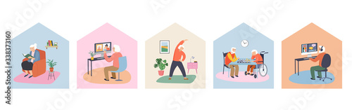 Elderly, old people, senior people at home, playing chess, chatting on computer with grandchildren, reading books, working out, learning languages. Vector illustration, cartoon set stock illustration