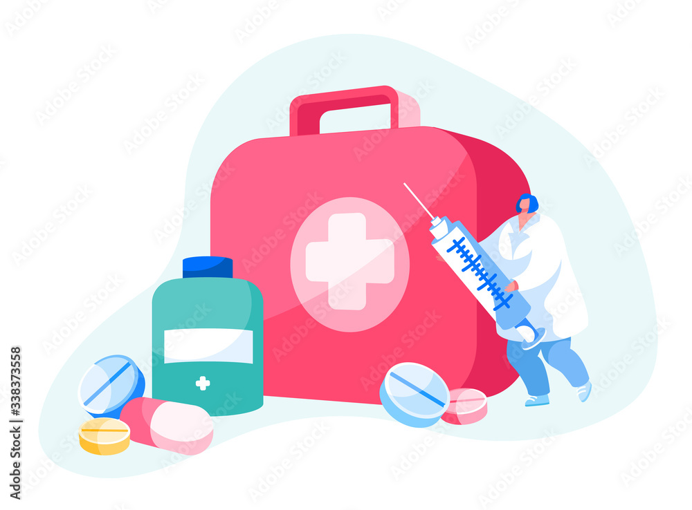 Doctor or Nurse Character in White Robe Stand with Syringe at Huge Box with  Medical Tools. Clinic, Hospital Healthcare Staff at Work. Online Medicine  Occupation Profession. Cartoon Vector Illustration Stock Vector