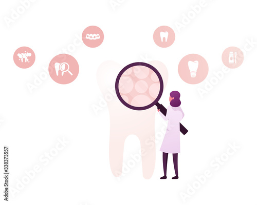 Dental Care Concept. Tiny Dentist Doctor Character in Medical Robe Look on Huge Tooth through Magnifying Glass