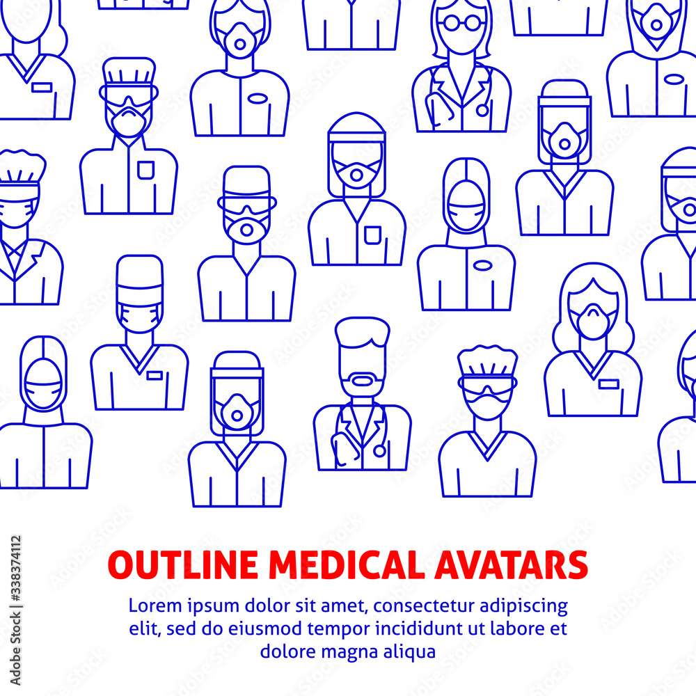 A vector design with medical avatars of doctors and nurses in protective medical clothes with masks. Coronavirus epidemic illustration for flyer, poster template. A vector design with medical avatars of doctors and nurses in protective medical clothes with masks. Coronavirus epidemic illustration for flyer, poster template.
