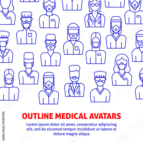 A vector design with medical avatars of doctors and nurses in protective medical clothes with masks. Coronavirus epidemic illustration for flyer, poster template. 