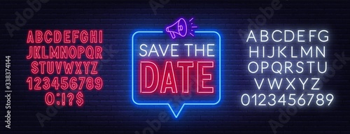 Save the date neon sign on brick wall background. Neon alphabet on brick wall background. Vector illustration.