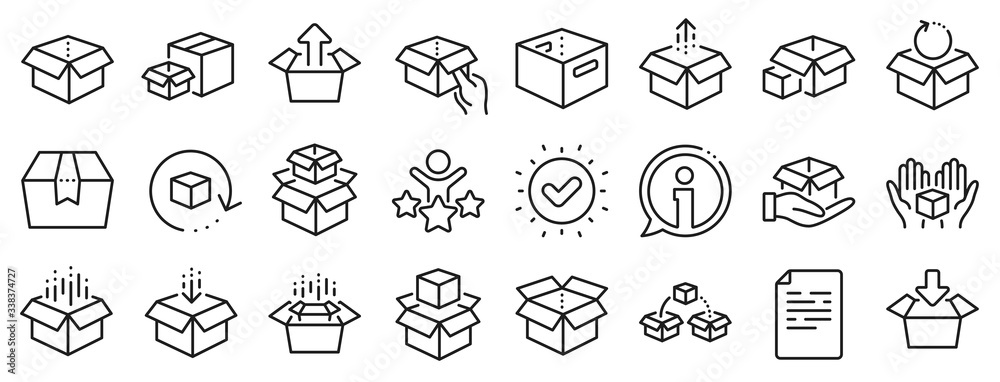 Package, delivery boxes, cargo box. Box line icons. Cargo distribution, export boxes, return parcel icons. Shipment of goods, purchase container, open package. Logistics goods. Vector Package, delivery boxes, cargo box. Box line icons. Cargo distribution, export boxes, return parcel icons. Shipment of goods, purchase container, open package. Logistics goods. Vector