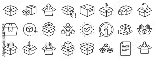 Package, delivery boxes, cargo box. Box line icons. Cargo distribution, export boxes, return parcel icons. Shipment of goods, purchase container, open package. Logistics goods. Vector photo