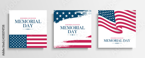 USA Memorial Day greeting cards set with United States national flag. Remember and honor. United States national holiday vector illustration.
