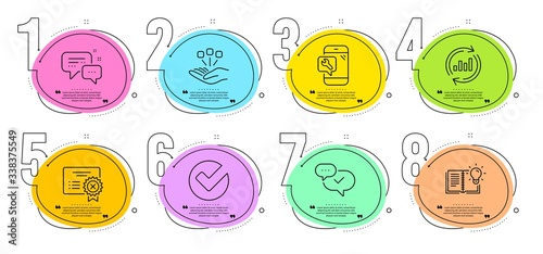 Product knowledge, Employees messenger and Update data signs. Timeline steps infographic. Approved, Consolidation and Verify line icons set. Reject certificate, Phone repair symbols. Vector