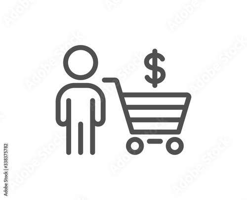 Buyer with shopping cart line icon. Customer sign. Supermarket client symbol. Quality design element. Editable stroke. Linear style buyer icon. Vector