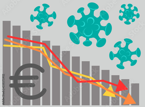 Euro Currency fall and coronavirus. Vector illustration of a global economy crisis. Income chart and falling arrows. Virus impact on markets, business, finance. Gray background