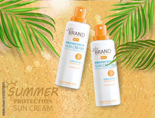 Sun cream bottle realistic isolated, sea background,tropical banner, packaging mockup, protection sun cream, summer cosmetics vector illustration