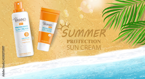 Sun cream bottle realistic isolated, sea background,tropical banner, packaging mockup, protection sun cream, summer cosmetics vector illustration
