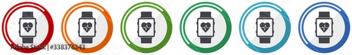 Smartwatch icon set, smart watch, fitness flat design vector illustration in 6 colors options for webdesign and mobile applications
