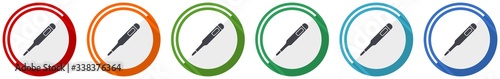 Electronic digital medical thermometer icon set, flat design vector illustration in 6 colors options for webdesign and mobile applications