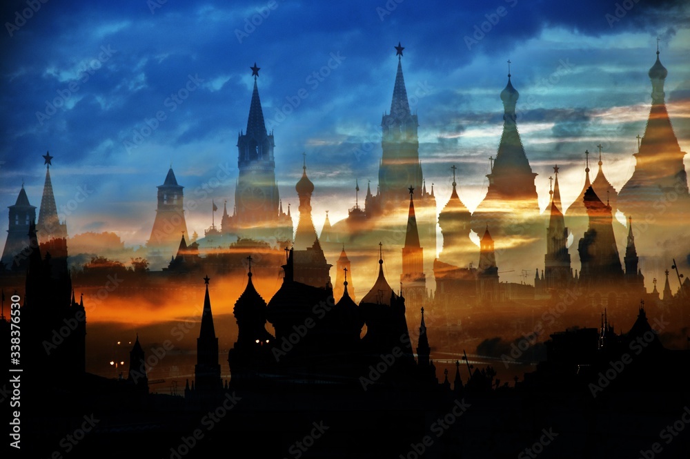 Silhouette of Moscow Kremlin and the Saint Basils church on the Red Square in Moscow. Artistic collage photo.