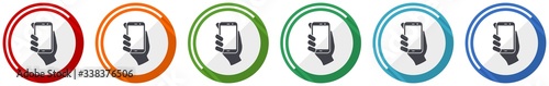 Smartphone in hand icon set, mobile phone flat design vector illustration in 6 colors options for webdesign and mobile applications
