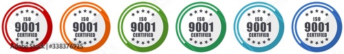 Iso 9001 icon set, flat design vector illustration in 6 colors options for webdesign and mobile applications