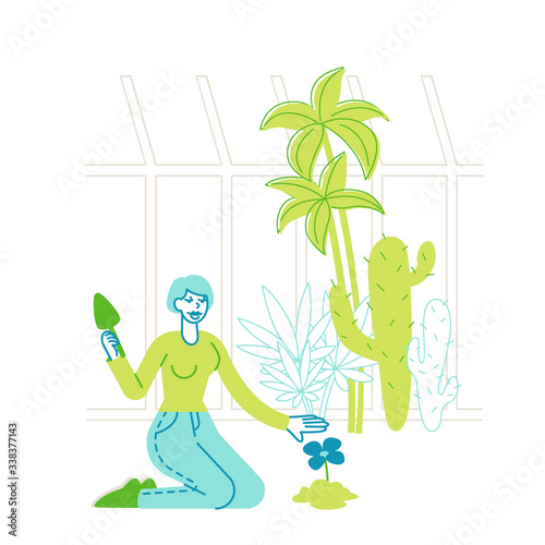 Young Woman Gardener or Florist Character Working in Botanical Garden, Greenhouse or Orangery Terrace Watering and Planting Flowers. Female Enjoying Plants Gardening Hobby. Linear Vector Illustration