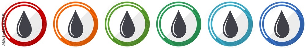 Water drop icon set, flat design vector illustration in 6 colors ...