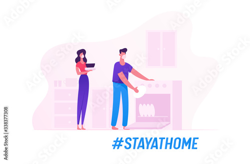 Family Characters Wearing Medical Masks Washing Kitchenware Together Staying at Home during Covid19 Quarantine
