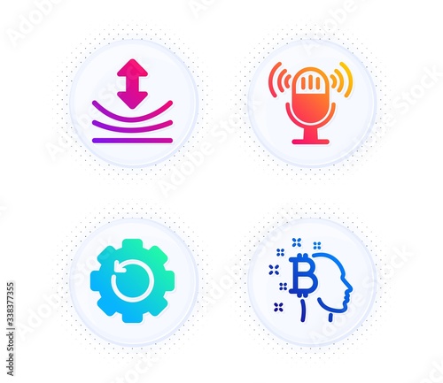 Microphone, Resilience and Recovery gear icons simple set. Button with halftone dots. Bitcoin think sign. Mic, Elastic, Backup info. Cryptocurrency head. Technology set. Vector
