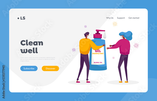 Precautionary Hygienic Measures Coronavirus Protection Landing Page Template. Man Woman Characters Washing Hands with Huge Antibacterial Soap Bottle and Ncov Cells Flying. Cartoon Vector Illustration