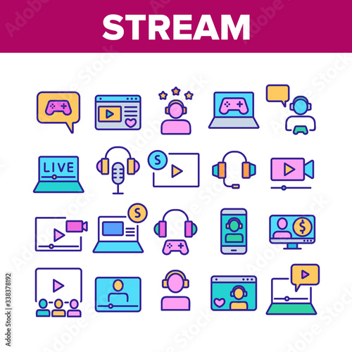 Stream Live Video Collection Icons Set Vector. Internet Online Play Game Stream, Earphones And Microphone, Streaming Web Site Concept Linear Pictograms. Color Illustrations