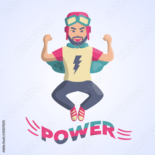 Super hero man with flash sign on t-shirt and word power. Flat design, modern illustration
