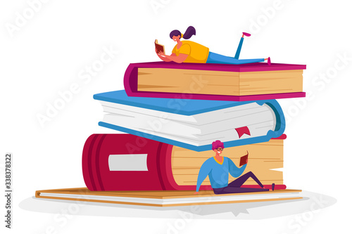 Tiny Male and Female Characters Reading on Huge Books Pile. Young Woman and Man Students or Bookworms Spend Time in Library or Prepare for Examination Get Knowledge. Cartoon People Vector Illustration