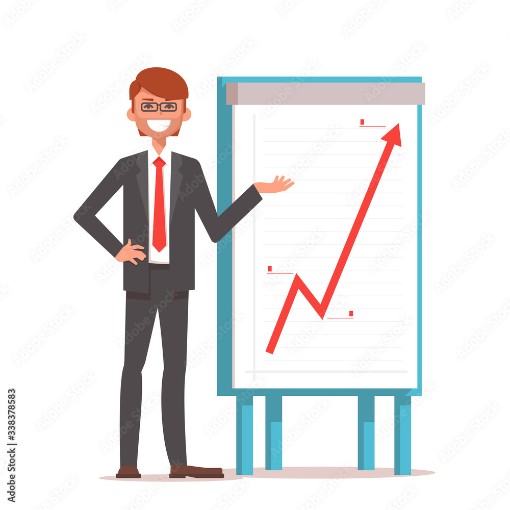 Business man showing the presentation with the growing up chart. Vector flat isolated on white. Business man showing the presentation with the growing up chart. Vector flat isolated on white.