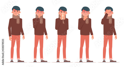 A sick man with headache, sore throat, runny nose and fever. Season viral infection and respiratory disease concept. Vector flat isolated on are white.