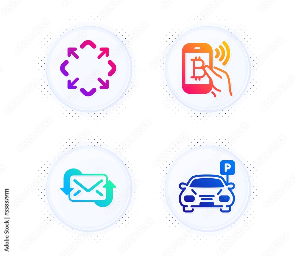 Refresh mail, Maximize and Bitcoin pay icons simple set. Button with halftone dots. Parking sign. New e-mail, Full screen, Mobile payment. Car park. Technology set. Vector