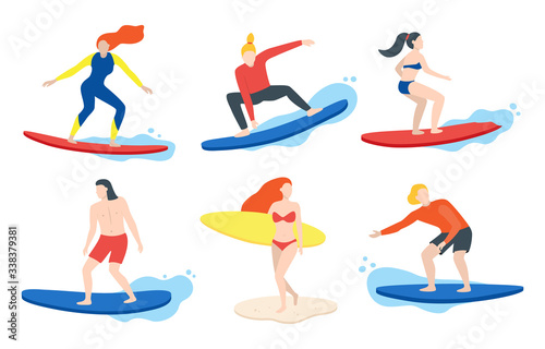 Cartoon Color Characters People Surfing Concept. Vector