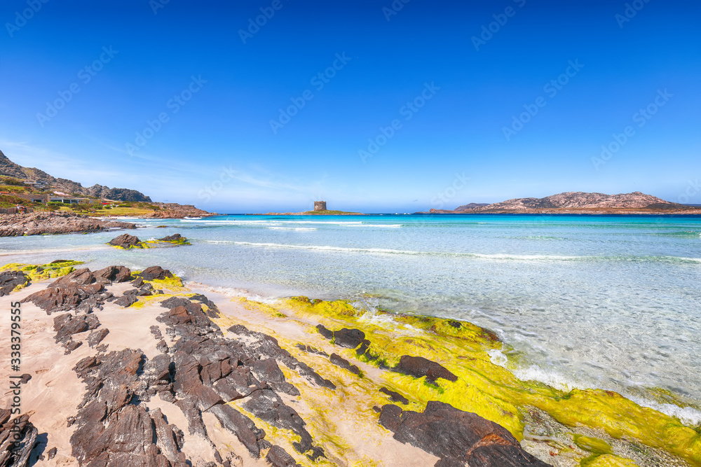 Stunning morning view of Famous La Pelosa beach with Torre della Pelosa.