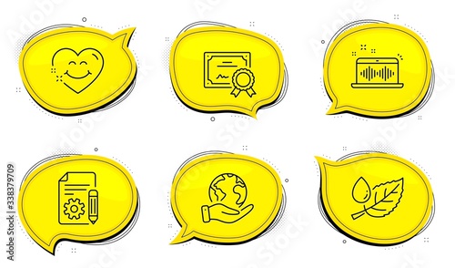 Leaf dew sign. Diploma certificate, save planet chat bubbles. Smile face, Documentation and Music making line icons set. Love heart, Project, Dj app. Water drop. Business set. Vector