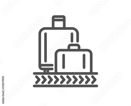 Airport baggage reclaim line icon. Airplane luggage lane sign. Flight checked bag symbol. Quality design element. Editable stroke. Linear style baggage reclaim icon. Vector