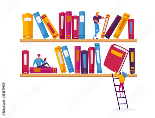 People Read and Study, Students Prepare for Examination, Gaining Knowledges. Reading and Education Concept with Tiny Male and Female Character on Shelf with Huge Books. Cartoon Vector Illustration
