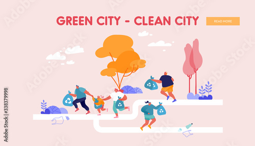 Healthy Lifestyle and Ecology Protection Landing Page Template. Active People Picking Up Litter During Plogging. Men, Woman and Kids Characters Run and Clean Environment. Cartoon Vector Illustration