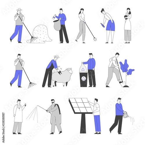 Set of Male and Female Characters Collecting Garbage on Street. Farmer Raking Hay, Trimming Sheep and Planting Trees. Green Energy Isolated on White Background. Linear People Vector Illustration