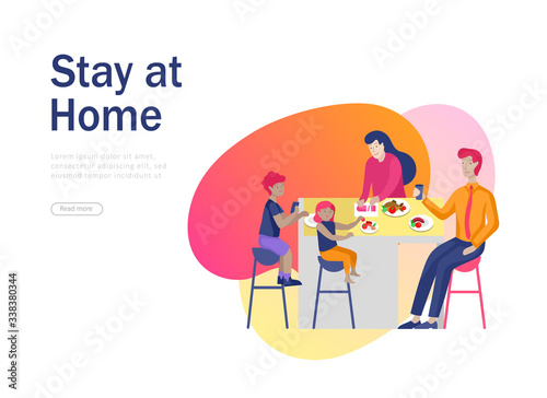 Stay at home concept of coronavirus prevention, awareness social media campaign. People and family on quarantine staying together at home, cook and eat food. 2019-nCoV. Banner, landing