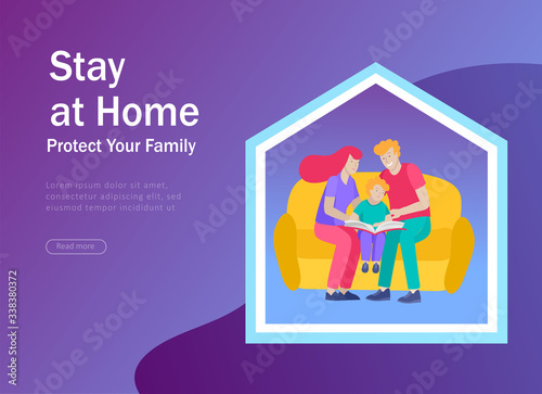 Stay at home concept of coronavirus prevention, awareness social media campaign. People and family on quarantine staying together at home. Protection and revention of 2019-nCoV. Banner, landing