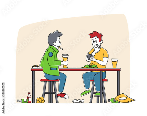 Male Characters Smoking and Playing Cards Sitting at Table with Alcohol Drink Bottles. Bad Habits and Addiction Men Playing Gambling Game, Leisure Activity, Gaming. Linear People Vector Illustration