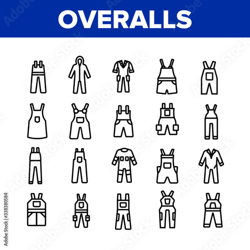 Overalls Worker Protect Clothes Icons Set Vector. Human Protection Overalls, Safety And Protective Body Clothing And Workwear Concept Linear Pictograms. Monochrome Contour Illustrations